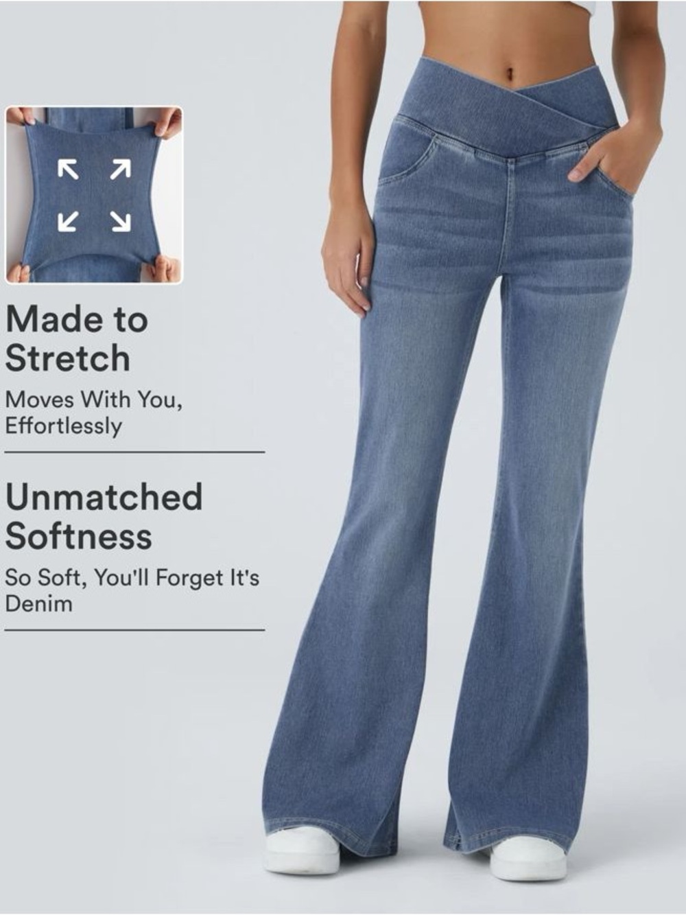 Halara Flex High Waisted Crossover Pocket Washed Casual Flare Jeans